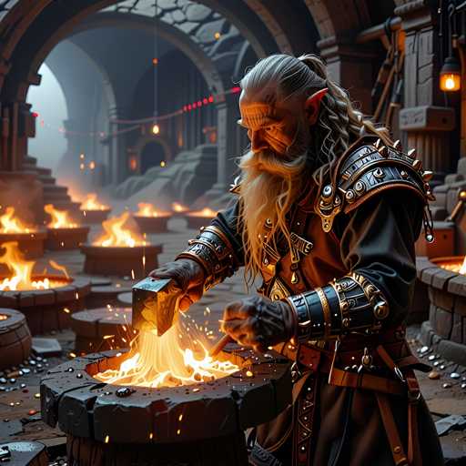 The image depicts a highly detailed, computer-generated scene of a dwarf blacksmith working in a medieval-style underground workshop. The dwarf, with long gray hair tied back in a ponytail, pointed ears, and a long beard, is clad in a black leather tunic adorned with metal armor on his shoulders and forearms. He stands at a stone anvil, meticulously forging a piece of metal using a hammer and chisel. The anvil is positioned over a large, fiery pit filled with glowing coals, from which he draws the heat to shape the metal. Surrounding him are numerous other stone anvils, each also ablaze with fire, creating a warm, intense atmosphere. The workshop is illuminated by the glow of the fires and additional lanterns hanging from the stone arches that frame the space. The scene is rich in texture and detail, capturing the essence of a fantasy setting reminiscent of a video game environment.