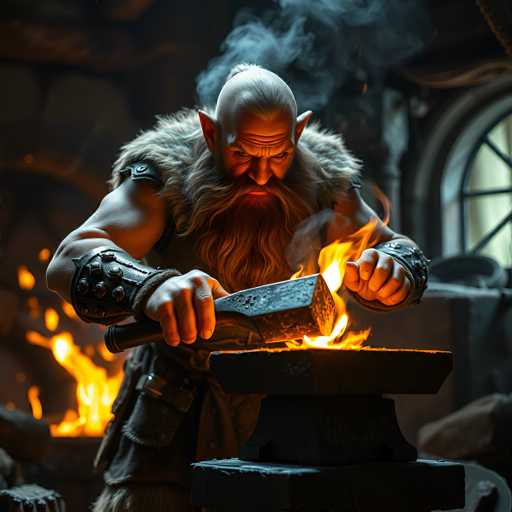 The image depicts a highly detailed, computer-generated scene of a dwarf blacksmith in the midst of forging a sword. The dwarf, with his bald head and long, flowing beard, is intently focused on his work, his muscular arms straining as he wields a large hammer. He is clad in a fur-lined vest and leather wrist guards, with a leather belt around his waist. The blacksmith stands over a glowing anvil, where the sword's blade is being heated to a brilliant orange-red, causing flames to rise from the metal. The background features a dark, cave-like setting with a large fire pit to the left, adding to the intense atmosphere. The scene is rich in colors, including shades of orange, yellow, black, gray, brown, and hints of blue, enhancing the dramatic and immersive quality of the image.