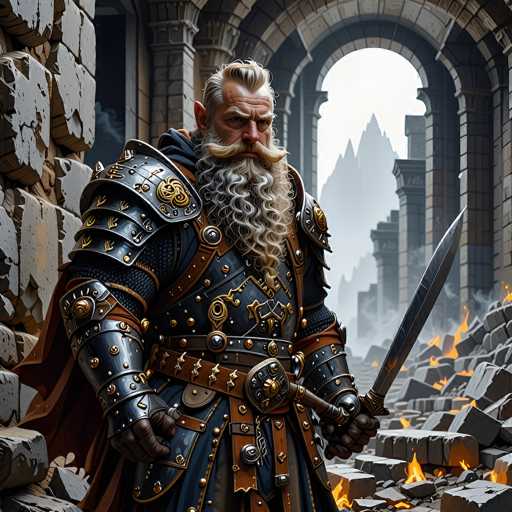 The image depicts a highly detailed, computer-generated scene of a fierce, elderly warrior standing in the ruins of a once-grand castle. The warrior, who appears to be around 70 years old, has a long, flowing white beard and a mustache that curls upward at the ends, resembling a handlebar style. His hair is similarly white and combed back, adding to his imposing presence. He is clad in elaborate, black and gold armor that covers his entire body, including his shoulders, chest, arms, and legs. The armor is adorned with intricate gold designs and features a prominent belt with a large buckle. In his right hand, he wields a long, silver sword, while his left hand rests on his hip. The background reveals a dilapidated castle with broken stone walls, some of which are on fire, casting an eerie glow. Through the arched doorway behind him, a towering mountain is visible, shrouded in a misty fog, adding to the dramatic and mysterious atmosphere of the scene.