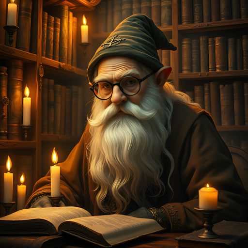 A wise, elderly gnome with a long white beard and spectacles is deeply engrossed in reading an open book in a dimly lit, cozy library. The scene is bathed in the warm glow of several lit candles placed on a wooden table, casting soft shadows and highlighting the gnome's focused expression. The background is filled with tall bookshelves overflowing with ancient, leather-bound books, creating a magical and intimate atmosphere. The gnome's attire is a dark brown robe with intricate detailing, and he wears a green pointed hat adorned with a small emblem. His hands are gently holding the book, and his eyes are wide with concentration as he delves into the text. The overall mood is one of quiet contemplation and scholarly pursuit, evoking a sense of wonder and timeless knowledge.