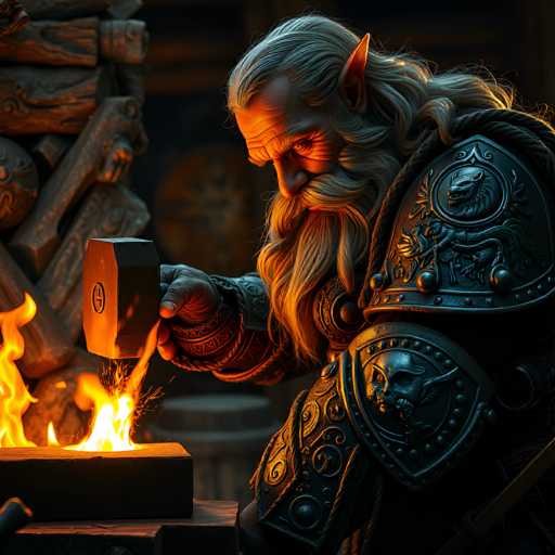 The image depicts a highly detailed, computer-generated scene of a fantasy blacksmith, possibly a dwarf or elf, engaged in the act of forging a piece of metal. The character, with long, flowing gray hair and a matching beard, is clad in elaborate black armor adorned with intricate designs, including a dragon motif on the shoulder piece and a skull on the chest piece. His pointed ears and focused expression add to his mythical appearance. The blacksmith is wielding a large, rectangular hammer in his right hand, which he uses to strike a glowing piece of metal resting on an anvil. Sparks fly from the impact, illuminating the scene with a bright orange light. The background is dark, enhancing the dramatic effect of the fiery forge, and features additional elements such as a wooden wall and a partially visible sword. The overall composition suggests a moment of intense concentration and craftsmanship, characteristic of fantasy blacksmithing scenes.
