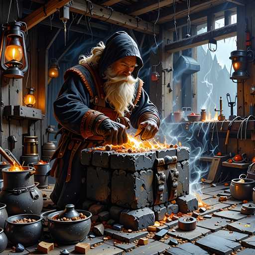 A detailed, high-quality digital painting in a fantasy style depicts an old, bearded man working at a forge. He is wearing a dark hooded cloak and leather apron, his hands are covered in soot, and he has a long, flowing white beard. He is intently focused on working with glowing red-hot metal in a large stone forge, using tongs to manipulate the hot material. The forge is surrounded by various tools and containers, including large black pots filled with glowing ingredients, wooden shelves holding more tools, and a lantern hanging above. The background shows a rustic, dimly lit workshop with wooden beams and a view of a snowy mountain landscape through a window. The overall lighting is warm, emanating from the forge and lanterns, creating a sense of intense craftsmanship and medieval fantasy. The style is reminiscent of digital art with a painterly quality, emphasizing detail and texture.