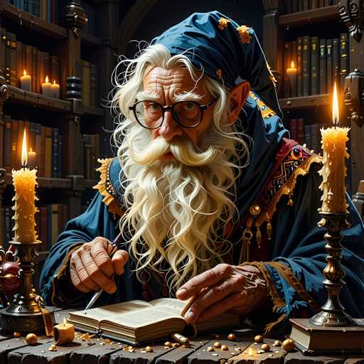 The image depicts a detailed, AI-generated painting of an elderly wizard engrossed in writing in a book. The wizard, with his long white beard and mustache, is adorned in a blue robe and a matching blue hat. He wears black-rimmed glasses and has a wrinkled face, suggesting his advanced age. His left hand holds a quill pen poised over the book, while his right hand holds a small brown object, possibly a piece of paper or a book marker. The scene is set in a dimly lit room, with three lit candles—two on candlesticks and one on a book—casting a warm glow. The background features a bookshelf filled with books, adding to the scholarly atmosphere. Scattered around the table are small golden objects, possibly coins or beads, enhancing the magical ambiance of the setting.
