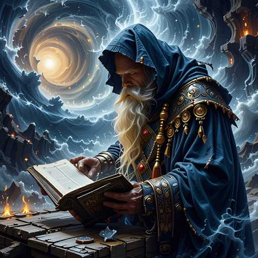 The image depicts a detailed, AI-generated fantasy scene featuring a wizard-like figure. The central character is an older man with a long, flowing white beard and mustache, dressed in a dark blue robe adorned with intricate gold and silver embellishments. His attire includes a hood that partially obscures his face, revealing only his eyes, nose, and eyebrows. He is seated at a wooden table, deeply engrossed in reading an open book, which he holds with both hands. The table is surrounded by various items, including coins and a small blue object. 

The background is a swirling vortex of dark blue and gray hues, with hints of orange and yellow light emanating from the top left corner, creating a mystical atmosphere. To the right, there are dark gray stone structures with orange lights glowing from within, adding to the enchanting and mysterious ambiance of the scene.