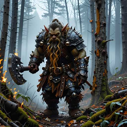 The image depicts a highly detailed, computer-generated fantasy character resembling a dwarf or orc warrior. The character stands in a dense forest with tall, leafless trees, some of which are ablaze, casting an eerie glow. He has a rugged appearance with a long, scraggly beard and a ponytail, and his ears are pointed and protrude from his head. His face is marked by a large nose and a menacing expression. He is clad in elaborate black armor adorned with gold accents, including shoulder pads, wrist guards, and a belt. In his right hand, he wields a massive, black axe with a hint of orange on the blade, while a sword is sheathed at his side. His feet are clad in brown boots, and he stands on a forest floor strewn with leaves and dirt. The overall scene is shrouded in a smoky haze, enhancing the mystical and foreboding atmosphere.