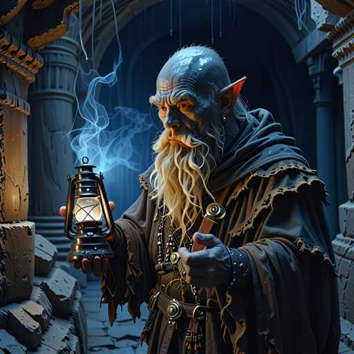 The image depicts a highly detailed, computer-generated scene of a wizard-like man standing in an ancient, stone-walled building. The man, who has a bald head and long, white hair, sports a distinctive white mustache and beard that extends down to his chest. His ears are pointed, reminiscent of an elf, and he wears a large earring. He is dressed in a dark brown robe with a hood and a belt adorned with circular buckles. In his right hand, he holds a black lantern emitting a blue light, which illuminates the scene. His left hand grasps a wooden staff. The background features a large archway leading to another stone-walled area, with columns and steps visible on the left side. The overall atmosphere is dark and mysterious, with the wizard's intense gaze directed towards the lantern.