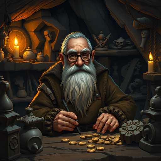 The image depicts an old man with a long white beard and glasses sitting at a table surrounded by various objects including a clock, a candle, and several vases of different sizes and shapes. The man is wearing a brown coat and appears to be engaged in some form of work or craftsmanship.