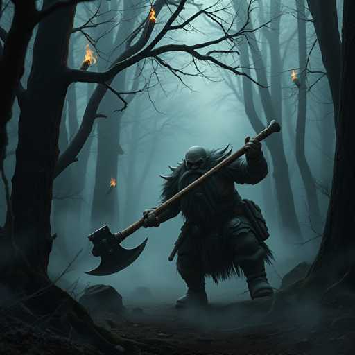 A massive, heavily armored Viking warrior with a long, fur-covered beard and axe stands in a misty forest. The scene is dimly lit, with glowing flames on some tree branches casting an eerie light. The warrior holds the axe aloft, ready for action, while a dense fog obscures the background, emphasizing the depth of the forest. The art style is painterly and atmospheric, with a focus on texture and mood.