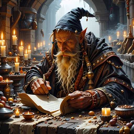 A detailed, high-quality digital painting of a wise old dwarf wizard meticulously writing in a large, open spellbook while surrounded by numerous lit candles and various magical ingredients. The wizard is wearing a dark, ornate robe with intricate gold detailing, a pointed black hat adorned with charms and bells, and a long, flowing white beard. He is focused intently on the task at hand, his hands carefully holding a quill and writing with precision. The background is dimly lit, suggesting a magical workshop or study, with shelves filled with various potions, scrolls, and arcane objects. The overall atmosphere is one of quiet concentration and magical energy.