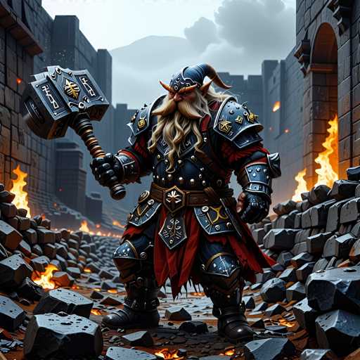 The image depicts a highly detailed, computer-generated Viking character standing in a dramatic, medieval setting. The Viking is adorned in elaborate black armor with gold accents, including shoulder pads, arm guards, and a chest plate. His attire is completed with a red cape and a distinctive helmet featuring a long, curled horn that extends from the back. The Viking's long, flowing blonde beard and mustache add to his imposing presence. He wields a massive, square-headed war hammer in his right hand, which is larger than his head. The ground beneath him is littered with broken stones and rocks, some of which are ablaze, casting an eerie glow. Surrounding him are tall, imposing stone walls, some also engulfed in flames, creating a chaotic and intense atmosphere. In the background, a mountain looms under a sky filled with dark, ominous clouds, adding to the overall dramatic and intense mood of the scene.