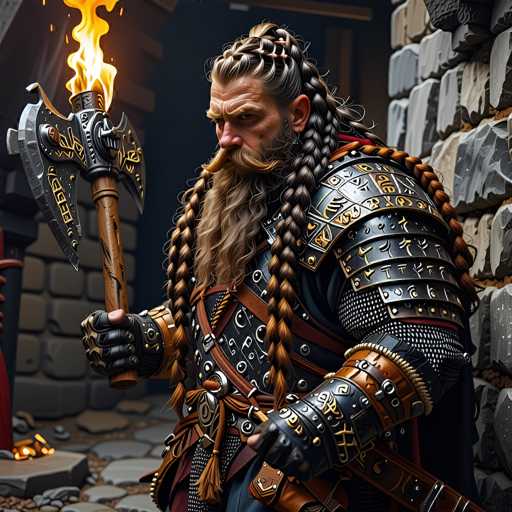 The image depicts a highly detailed, computer-generated Viking warrior standing in a dimly lit stone room. The Viking is clad in intricate black armor adorned with gold symbols and patterns, including a chest plate, shoulder plates, and arm guards. His long, braided hair, which is a mix of gray and brown, cascades down his shoulders, complementing his bushy beard and mustache. He wears black gloves and a brown belt with a silver buckle. In his right hand, he holds a large, ornate axe with a wooden handle and a black head, from which flames are dramatically erupting. The Viking's expression is stern, with furrowed brows and a downward gaze, as he stands on a stone floor with a stone wall behind him. The overall scene is dark and atmospheric, emphasizing the Viking's formidable presence.