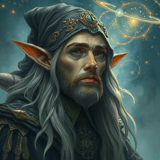 A close-up portrait of an elven mage, rendered in a detailed digital painting style. The central figure is a fair-skinned elf with long, flowing silver hair and pointed ears, wearing a dark grey hooded cloak adorned with golden accents. His expression is contemplative, gazing slightly to the left. Behind him, a swirling, ethereal backdrop of golden galaxies and stardust adds a mystical atmosphere. The overall style is painterly, with soft lighting and intricate details emphasizing the character's otherworldly appearance.