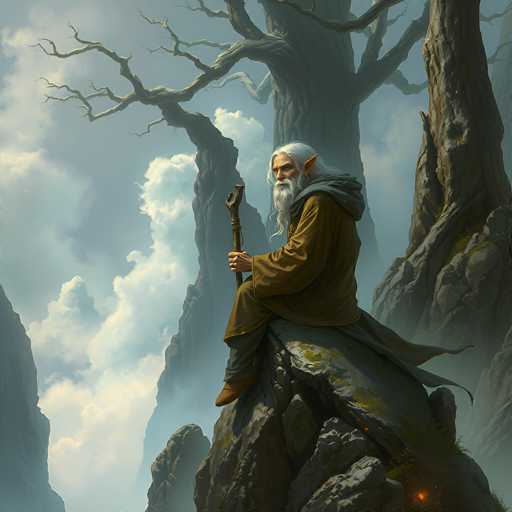 A wise, elderly wizard with long white hair and a beard sits on a mossy rock overlooking a misty valley. He holds a gnarled wooden staff, his gaze directed towards the distant landscape. The wizard is clad in a long, brown robe and a grey cloak, his expression serene and contemplative. The background features towering, ancient trees shrouded in mist, with a soft, ethereal light filtering through the clouds. The overall atmosphere is one of tranquility and timeless wisdom.