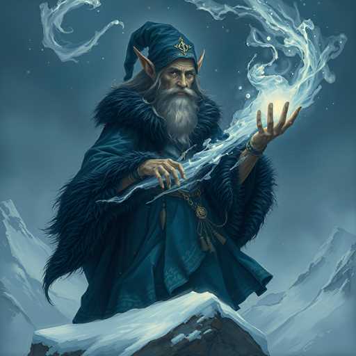 The image depicts a detailed, computer-generated illustration of a wizard-like figure standing on a snow-covered mountain peak. The wizard, who has long gray hair, a flowing gray beard, and pointed ears, is adorned in a dark blue robe with a fur collar and a matching blue hat. He wears a golden amulet around his neck and a bracelet on his left wrist. In his right hand, he holds a glowing blue orb that emits swirling mist, while his left hand is open, palm facing up, as if casting a spell. The background features a dark blue sky with stars, and snow-covered mountains on either side, enhancing the mystical atmosphere of the scene.