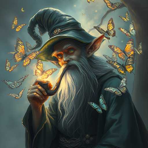 The image depicts a detailed, computer-generated illustration of a wizard with a long, flowing white beard and pointed ears, reminiscent of an elf. He is adorned in a dark green robe and a matching wizard's hat, which features a gold buckle and a curved brim. The wizard is smoking a long, black pipe, from which a bright light emanates, illuminating his face. Surrounding him are numerous butterflies, predominantly monarchs with orange and black wings, though some are blue and white. The background is a dark, cloudy night sky, with a tree branch visible on the right side. The scene is rich in color, featuring shades of blue, yellow, orange, black, and white, and the wizard appears to be gazing off into the distance.