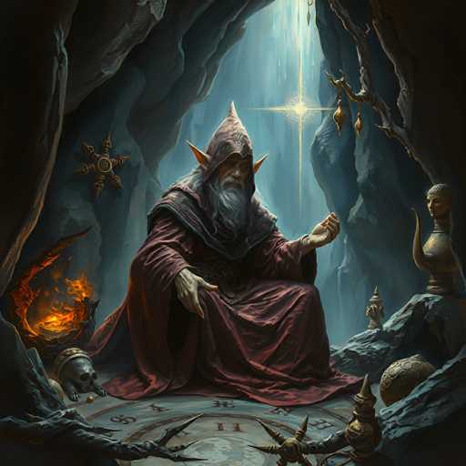 The image depicts a highly detailed, AI-generated fantasy scene featuring a wizard-like figure seated in the center of a dark cave. The wizard, with long gray hair and a beard, wears a pointed red hat and a flowing red robe. His pointed ears and the intricate designs on his hat add to his mystical appearance. The wizard's right hand rests on his knee while his left hand is raised, holding an indistinct object. Surrounding him are various magical artifacts: to his left, a skull and a fire pit with flames; to his right, a bust of a woman, a vase, and a golden ball. The cave's floor is adorned with Roman numerals and a circular pattern, enhancing the mystical atmosphere. Above the wizard, a bright star shines through a hole in the cave's ceiling, casting light into the dark, rocky cavern. A branch with golden ornaments hangs from the top right corner, adding to the enchanting scene.