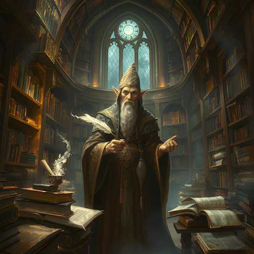 The image depicts a highly detailed, AI-generated scene of a wizard standing in the center of a grand, circular library. The library's architecture is reminiscent of a cathedral, with towering bookshelves that stretch up to the ceiling, filled with books of various colors including red, blue, yellow, and orange. The wizard, who has a long white beard and pointed ears, is adorned in a dark brown robe with intricate gold designs and wears a tall, pointed hat. He holds a quill in his right hand, poised as if ready to write, while his left hand points outward. To his left, a desk is cluttered with books and a small, smoking cauldron, from which a feather rises. The background features a large, arched window with a stained glass clock at its top, adding to the mystical ambiance of the scene.