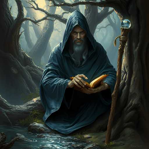 The image depicts a detailed, computer-generated illustration of an elderly wizard or sorcerer, possibly in his 60s or 70s, sitting cross-legged on the ground in a dense, dark forest. He is dressed in a long, dark blue robe with a hood that covers his head, and his long, wavy gray beard and mustache frame his face. The wizard is deeply engrossed in reading an open book, which he holds with both hands. To his right, leaning against a large tree, is a wooden staff adorned with a crystal ball at the top. The forest around him is filled with numerous trees, some of which are bare, and the ground is littered with rocks and patches of grass. The scene is illuminated by a faint light filtering through the trees, casting a mystical glow over the area. The overall atmosphere is one of quiet contemplation and ancient wisdom.