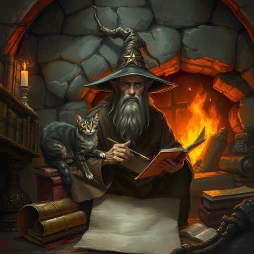 The image depicts an old man wearing a top hat and holding a book while sitting next to his cat on a bench. The setting appears to be a room with a fireplace nearby, suggesting a cozy or magical atmosphere.