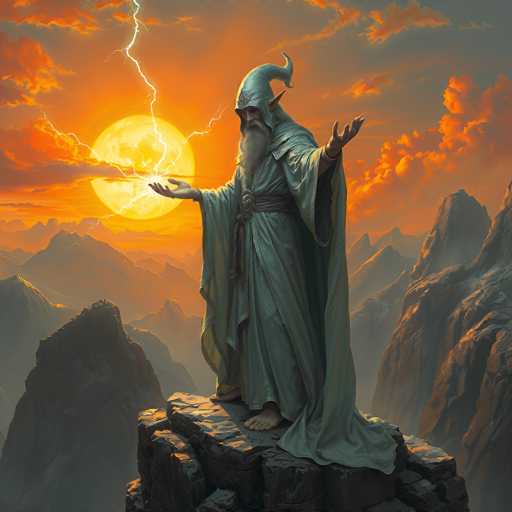 A majestic, ethereal figure of a wise old wizard stands on a rugged mountain peak at sunset. He is clad in flowing, sage-green robes and a pointed hat, his long white beard cascading down to his waist. His hands are outstretched, palms open, as if channeling a powerful magical force. A brilliant golden orb of light emanates from his hands, surrounded by crackling bolts of lightning that streak across the sky. The background is a breathtaking vista of towering, mist-shrouded mountains bathed in warm, orange and purple hues. The overall atmosphere is one of ancient power, mystical energy, and awe-inspiring magic.