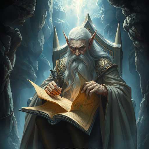 A wise, elderly elven mage with a long white beard and pointed ears sits on an ornate throne in a dimly lit, cavernous setting. He is intently writing in a large, open book with a quill pen, his gaze focused on the parchment. The book is detailed and appears to be a map or scroll with intricate markings. He wears a long, flowing robe adorned with golden and silver detailing, and his expression is one of deep concentration. The background features rough, rocky walls and a soft glow emanating from an unseen source above, highlighting the mage's face and hands. The overall atmosphere is one of ancient knowledge and mystical power.