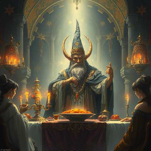 A detailed, high-quality digital painting in a fantasy style depicts an ancient, wise wizard seated at a long table. The wizard is the central focus, positioned in the middle of the frame and facing slightly towards the viewer. He has a long, flowing white beard adorned with golden rings, and his eyes are deep-set and piercing. He wears a tall, ornate blue hat with golden horns and a robe of deep blue and gold, embellished with intricate patterns. His hands are raised in a gesture of offering or blessing, holding a golden orb. 

The table is laden with mystical objects: a large silver platter filled with glowing orange crystals, several lit candles in ornate golden holders, and small bowls of what appears to be fruit or gems. The background is a dimly lit chamber with tall, ornate pillars and arched windows that emit a soft, ethereal light. Two women are seated on either side of the wizard at the table, their faces partially obscured by the light. They are dressed in rich, flowing robes and appear to be engaged in a ritual or offering. 

The overall atmosphere is one of mystery, reverence, and ancient magic. The color palette is dominated by deep blues, golds, and warm oranges, with a subtle glow emanating from the candles and crystals. The lighting is dramatic, casting long shadows and highlighting the wizard's face and hands. The style of the painting is highly detailed, with intricate textures and patterns that evoke a sense of fantasy and wonder.
