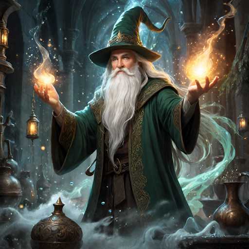 The image depicts a highly detailed, AI-generated fantasy scene featuring a wizard standing in the center of a grand, medieval-style castle. The wizard, who has long white hair, a flowing white beard, and a mustache, is adorned in a dark green robe with intricate gold trim and a matching pointed hat. His hands are outstretched in front of him, palms up, with glowing balls of fire floating above them, casting a warm light that illuminates his face. The background reveals a majestic castle with towering arches and columns, adding to the mystical atmosphere. Surrounding the wizard are various elements that enhance the scene's enchantment: a table in the foreground holds several brass and copper vessels, including a carafe and a couple of bottles, while a hanging lantern adds to the medieval ambiance. The overall color palette of the image is dominated by dark greens, golds, and browns, contributing to the rich, fantasy setting.