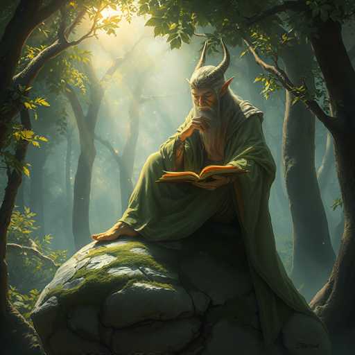 The image depicts a detailed, fantasy-style painting of a wizard-like figure seated on a moss-covered rock in a dense forest. The wizard, who has long, flowing white hair and a beard, is adorned with large, pointed ears and two curved horns protruding from his head. He wears a long, green robe and is barefoot, with his right hand resting on his knee and his left hand holding an open book, possibly a spell book. His expression is one of deep contemplation as he gazes down at the book. The forest around him is lush with tall trees, their branches forming a canopy above that filters the sunlight, casting a soft glow on the scene. The overall atmosphere is serene and mystical, with the wizard appearing to be in a moment of quiet study or meditation.