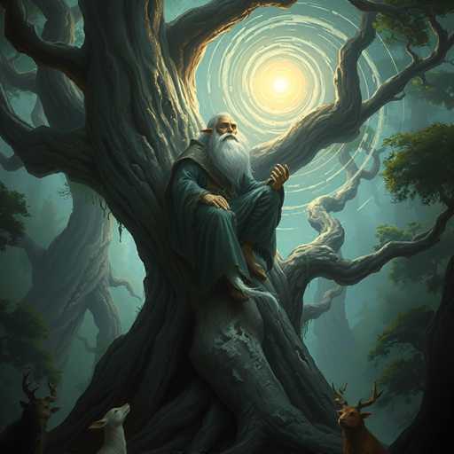A man with white hair and a beard is sitting on a tree branch in the center of a forest. The tree has a large trunk and many branches that extend outwards. Two deer can be seen grazing nearby, and a bird is perched on one of the branches.