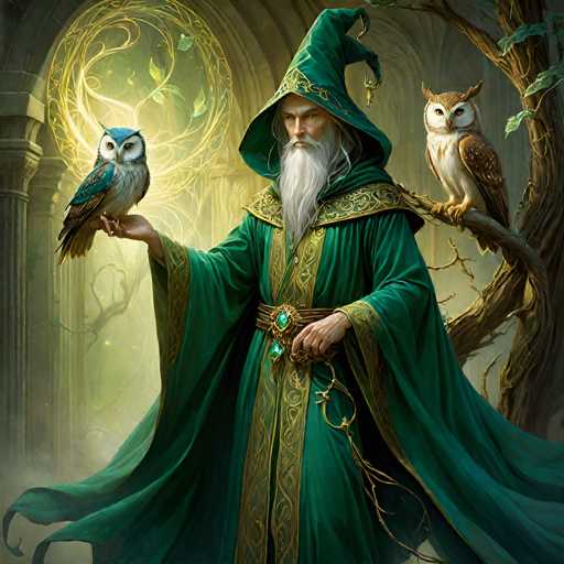 The image depicts a detailed, fantasy-style painting of a wizard-like figure standing in the center. The wizard is adorned in a long, flowing green robe with intricate gold trim and a matching pointed hat. His attire includes a wide belt with a prominent green gem at the center, and a long white beard that extends down to his chest. The wizard's right hand is raised, holding a small blue and white owl, while his left hand rests by his side. 

To the wizard's right, a large tree branch extends into the frame, supporting a larger owl with brown feathers and a white face. The background features a grand, ornate archway with swirling gold designs, reminiscent of a cathedral or church entrance. The scene is set against a backdrop of columns and trees, with a misty, foggy atmosphere that adds to the mystical ambiance. The overall color palette includes shades of green, gold, brown, white, and blue, enhancing the enchanting and ethereal quality of the artwork.
