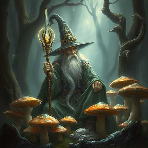 In this detailed fantasy illustration, a wizard sits at the center of a dense, eerie forest. The background is filled with dark, twisted trees and a thick fog that adds to the mystical atmosphere. The wizard, an older man with a long white beard and mustache, wears a tall, pointed hat adorned with green jewels and intricate gold designs. His attire is a dark green robe with gold accents, and his pointed ears peek out from beneath his hat. He holds a staff in his right hand, which features a glowing crystal at the top and is encircled by a golden halo. The wizard's eyes are closed, and he appears to be deep in thought. Surrounding him are numerous large, orange mushrooms with white spots and green caps, some of which tower over him. The scene is set on a rocky outcrop, with the wizard's feet partially obscured by the rocks. The overall color palette includes shades of green, orange, brown, and gray, enhancing the enchanting and otherworldly feel of the image.