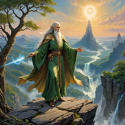 In this detailed fantasy illustration, a majestic wizard stands prominently on a rocky outcrop, his long white hair and beard flowing in the wind. He is adorned in a flowing green robe with gold accents, a brown belt, and brown shoes. His pointed ears and the glowing blue lightning from his right hand add to his mystical presence. The wizard's left hand is outstretched, palm up, as if casting a spell. Behind him, a lush green valley stretches out, dotted with waterfalls and framed by towering mountains. To his left, a large tree stands tall, while to his right, a sheer cliff face rises with a waterfall cascading down. In the distance, a towering spire of rock pierces the sky, which is painted in hues of orange and blue, suggesting either a sunrise or sunset. The scene is bathed in a warm, ethereal light, enhancing the enchanting atmosphere of this fantasy landscape.