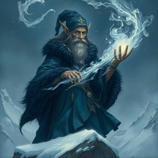 A wizard dressed in a blue robe and hat with a gold emblem on the left side of his head is holding a crystal ball over a snowy mountain landscape.