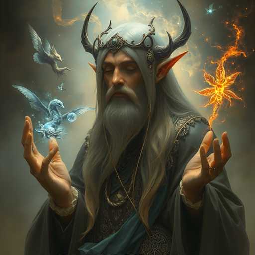 A man with long white hair and a beard wearing a crown is depicted holding a golden flower above his head. The background features a blue sky filled with clouds and the silhouettes of birds flying in the distance.