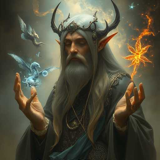 A wise, ethereal elven mage with long white hair and a flowing beard is depicted in a mystical pose. He wears an ornate silver crown with large, curved horns and intricate details. His eyes are closed, suggesting deep concentration or a meditative state. He is dressed in flowing robes of dark blue and silver, adorned with golden embellishments. 

His hands are outstretched, palms facing upwards, as if channeling magical energy. A swirling vortex of blue and white energy emanates from his hands, forming a small, glowing dragon-like creature. Another golden, star-shaped energy form is also swirling around his hands, radiating a warm, orange glow. 

Several small, glowing orbs and sparks of energy float around him, adding to the magical atmosphere. The background is a soft, hazy blend of muted blues and grays, with wisps of golden smoke swirling around the mage. The overall style is a blend of fantasy art and digital painting, with a focus on creating a sense of wonder and magic.