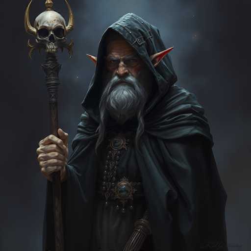 The image depicts a highly detailed, computer-generated or AI-generated fantasy character, possibly from a video game or book. The character is an elderly man with a long, gray beard and mustache, and strikingly long, pointed ears reminiscent of an elf. He is dressed in a dark gray or black cloak that covers his head and shoulders, with a prominent, ornate belt featuring a large blue gemstone and intricate gold designs. His attire includes a dark gray tunic with a large, round brooch on the chest, adorned with blue jewels and surrounded by smaller ones. The man's expression is stern, with a frown and squinted eyes, and he has a large nose. In his right hand, he holds a staff topped with a silver skull, which has gold horns and additional gold embellishments. The background is a smoky gray, enhancing the character's mystical and imposing presence.