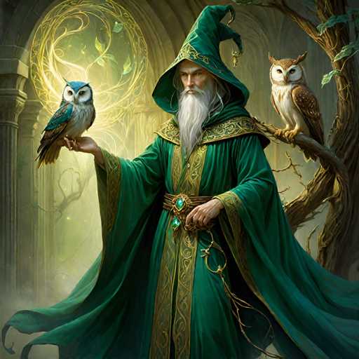 A man dressed as a wizard is holding two owls on his arm and one perched on the branch of a tree behind him. The background features a large window with a green curtain that casts a warm glow over the scene.
