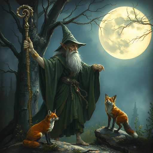 In this detailed fantasy illustration, a wizard stands barefoot on a rocky outcrop under a large, glowing full moon. The wizard, dressed in a dark green robe and a pointed hat, has a long white beard and pointed ears, giving him a distinctly magical appearance. He holds a golden staff adorned with intricate swirls and a leafy design in his right hand, while his left hand is raised, palm facing down. A gold bracelet adorns his wrist. 

At his feet, two foxes with orange fur, white chests, and black legs sit attentively, their ears perked up. The fox on the left gazes directly at the wizard, while the one on the right looks towards the moon. Behind the wizard, a large, leafless tree with a thick trunk and numerous branches stands against a dark, cloudy sky. The scene is illuminated by the moonlight, casting an ethereal glow over the entire setting.