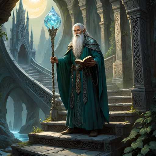 A wise, elderly wizard stands in a mystical, ancient setting. He is clad in flowing teal robes adorned with intricate silver and emerald details, holding a staff topped with a glowing blue crystal orb. His long, flowing white beard and hair frame a serene face, and he holds an open, leather-bound book in his other hand. The wizard stands on a stone platform surrounded by grand, moss-covered archways and steps, with a large, pale moon hanging in the sky above. The scene is bathed in soft, ethereal light, emphasizing a sense of ancient magic and wisdom.