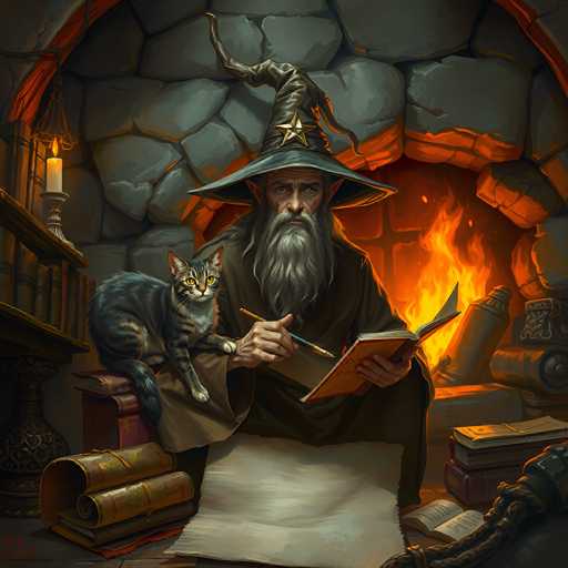 In this detailed illustration, a wizard is depicted seated in front of a roaring fireplace, which casts a warm glow over the scene. The wizard, with his long gray beard and mustache, wears a pointed hat adorned with a star. He is dressed in a dark brown robe and holds a quill in his right hand, poised to write on a piece of parchment that lies on his lap. His left hand rests on the open book before him, which is illuminated by the firelight. A black and gray cat with striking yellow eyes sits on his lap, gazing directly at the viewer. The wizard's left foot is propped up on a red book, which is part of a collection of books scattered around him. To his left, a candle hangs from the ceiling, casting additional light on the scene. The background features a stone wall, adding to the medieval ambiance, and a bookshelf filled with books. The overall setting is cozy and magical, capturing a moment of quiet study and enchantment.