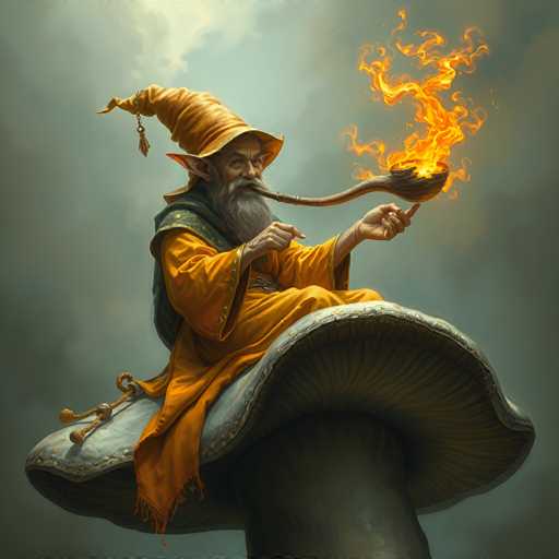 A cartoon character dressed as a wizard is sitting on top of a mushroom with a flame burning at the tip. The character has a long beard and is wearing an orange robe and a golden hat.
