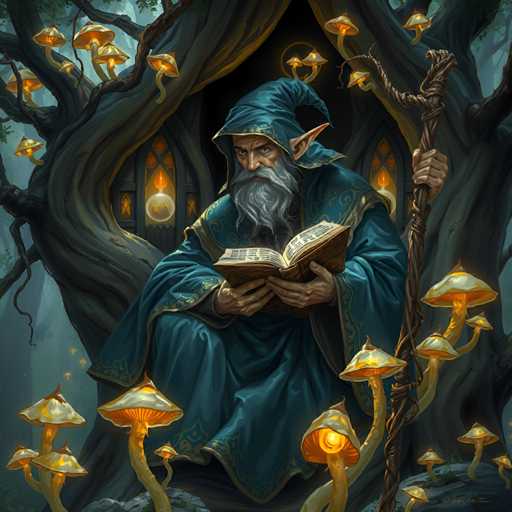 A man dressed as a wizard is seated on a rock surrounded by mushrooms and trees with glowing lanterns hanging from the branches.