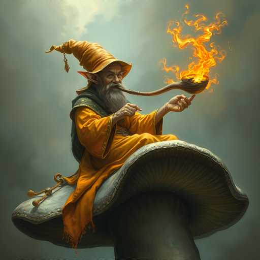 The image depicts a detailed, fantasy-style painting of a wizard or wizardess seated atop a large, gray mushroom with a white cap. The character is adorned in a long, orange robe with a green vest and a tall, pointed hat that features a tassel. They have a long, gray beard and pointed ears, suggesting an elfin or otherworldly origin. The wizard is blowing into a long, curved pipe that emits vibrant, orange and yellow flames. The background is a dark, cloudy gray, adding to the mystical atmosphere of the scene. The character's posture and expression convey a sense of contemplation or focus, as they gaze off to the side, seemingly lost in thought.