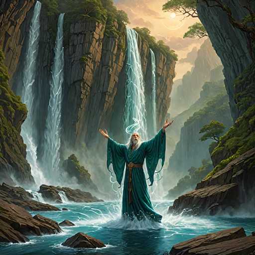 The image depicts a majestic scene of a man standing in the middle of a river, surrounded by a rugged landscape of brown rocks and lush greenery. The man, who appears to be a wizard or a deity, is dressed in a flowing green robe cinched with a brown belt. His long white hair and beard frame his face, and his arms are outstretched, palms facing upward, as if channeling or commanding the elements. Above his head, a swirl of white energy or smoke adds to his mystical aura.

Behind him, a towering cliff face is adorned with four cascading waterfalls, their blue waters splashing into the river below. The sky above is a dramatic blend of orange and gray hues, with a glowing white sun or moon casting an ethereal light over the scene. The overall atmosphere is one of awe and wonder, with the wizard seemingly in harmony with the natural forces around him.