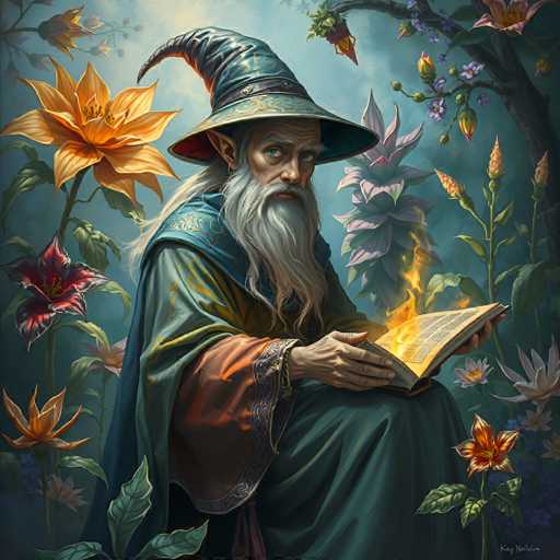 A wise, elderly wizard with a long white beard and pointed hat sits amidst fantastical, glowing flowers. He intently reads an open, fiery-edged book, his gaze directed towards the viewer with a slightly intense expression. The scene is bathed in soft, ethereal light, emphasizing the magical and mystical atmosphere. The art style leans towards a detailed, painterly digital illustration with a focus on rich textures and vibrant colors.