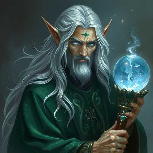The image depicts a detailed, computer-generated portrayal of a wizard or sorcerer, possibly inspired by fantasy characters like Gandalf. The wizard has long, flowing white hair and a matching beard, with piercing blue eyes that exude an intense, almost angry expression. His face is adorned with a diamond-shaped symbol on his forehead, and he has pointed ears reminiscent of an elf. He is dressed in a dark green robe embellished with intricate gold designs, including a star-shaped brooch on his chest. In his hands, he holds a glowing blue crystal ball, which emits a mystical light and is surrounded by floating bubbles and smoke. The background is a dark gray, enhancing the wizard's imposing and magical presence.