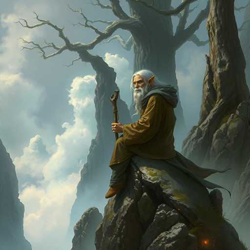 A man with white hair and a beard is sitting on a rock in the middle of a forest. He is holding a staff in his right hand. The background features trees and mountains under an overcast sky.