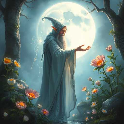 The image depicts a detailed, computer-generated scene of a wizard standing in a moonlit forest. The wizard, who has long, pointed ears and a flowing white beard, is dressed in a light blue robe with a matching pointed hat. His hands are outstretched in front of him, palms up, as if casting a spell. The background features a large, glowing full moon that illuminates the scene, casting a silvery light over the wizard and the surrounding area. The forest is filled with tall trees, some adorned with pink flowers and others with orange blossoms, creating a vibrant and mystical atmosphere. The wizard stands on a rocky path, surrounded by lush greenery and glowing stars that add to the enchanting ambiance. The overall color palette includes shades of blue, white, pink, orange, and green, enhancing the magical and serene mood of the image.