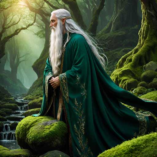 The image depicts a highly detailed, computer-generated scene of a man resembling a wizard or elf, standing in a lush, moss-covered forest. He has long, flowing white hair and a matching beard, with pointed ears that add to his mystical appearance. His attire is a long, dark green robe adorned with intricate gold embroidery, including a gold band around his waist and gold leaf patterns along the bottom hem. The man is positioned on a mossy rock, with his right hand resting on his left arm, gazing thoughtfully to the left. Behind him, a small creek meanders through the dense forest, surrounded by trees draped in moss. The overall atmosphere is serene and enchanting, with the sunlight filtering through the canopy, casting a gentle glow on the scene.