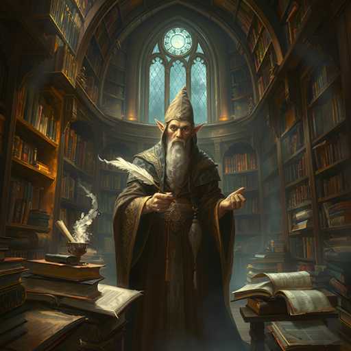 A wizard dressed in a long robe and hat stands in front of a large window with a clock on the wall, holding a book and surrounded by numerous bookshelves filled with books.